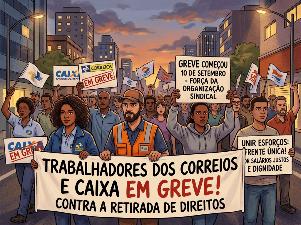 Manifestantes seguram faixas: trabalhadores dos Correios e Caixa em greve; contra retirada de direitos do governo.